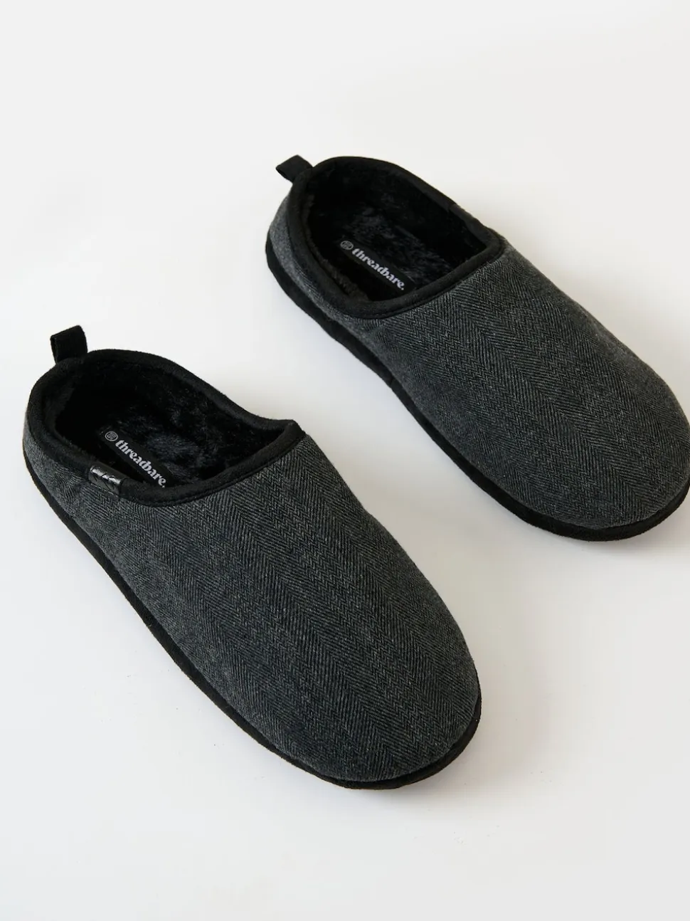 Threadbare Black Faux Suede Faux Fur Lined Mule Slippers