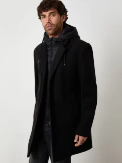 Threadbare Black Faux Wool Mock Inner Hooded Longline Coat