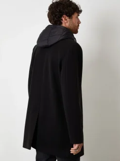 Threadbare Black Faux Wool Mock Inner Hooded Longline Coat