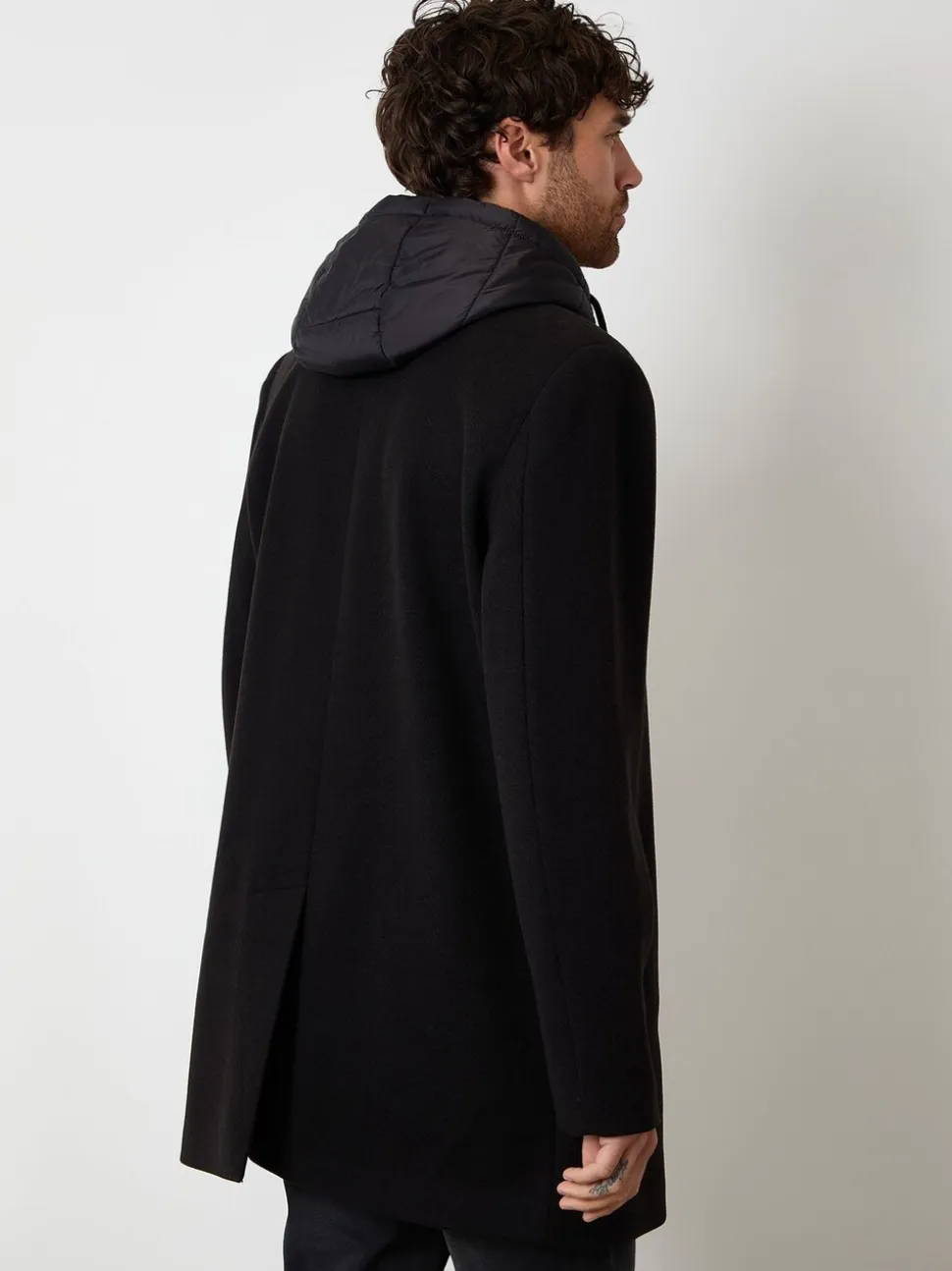Threadbare Black Faux Wool Mock Inner Hooded Longline Coat