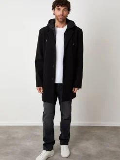 Threadbare Black Faux Wool Mock Inner Hooded Longline Coat