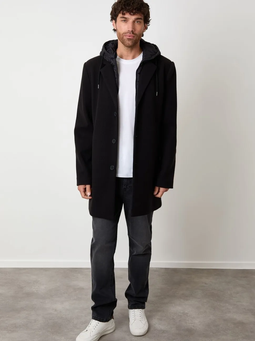 Threadbare Black Faux Wool Mock Inner Hooded Longline Coat
