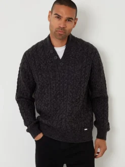 Threadbare Black Funnel Neck Cable Knit Jumper
