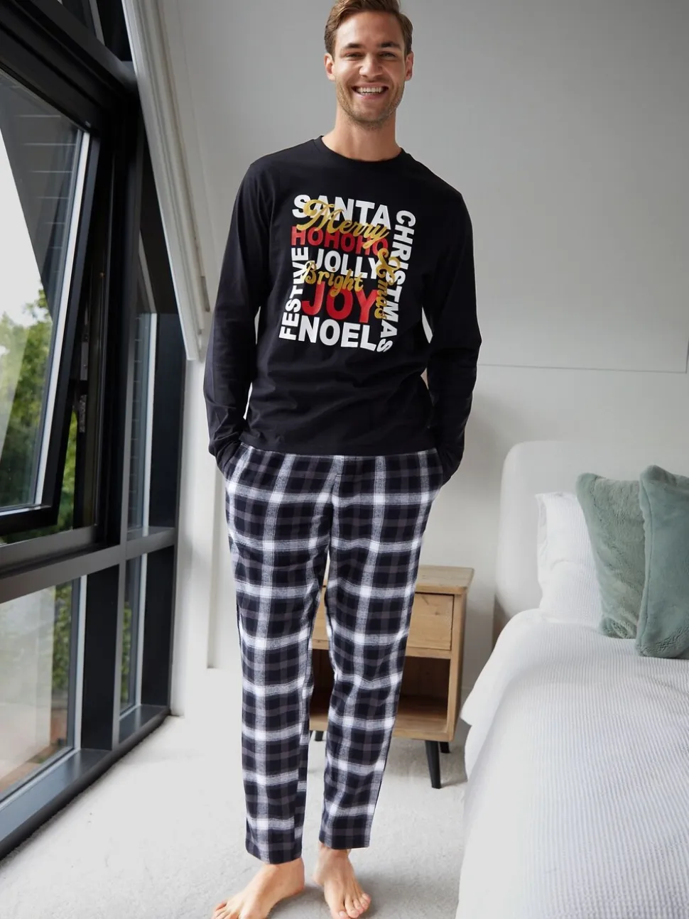 Threadbare Black Jolly Matching Christmas Check Curve Family Pyjamas