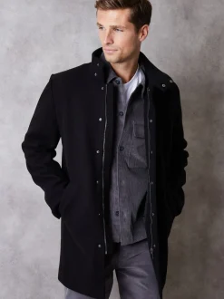 Threadbare Black Longline Faux Wool Funnel Neck Coat