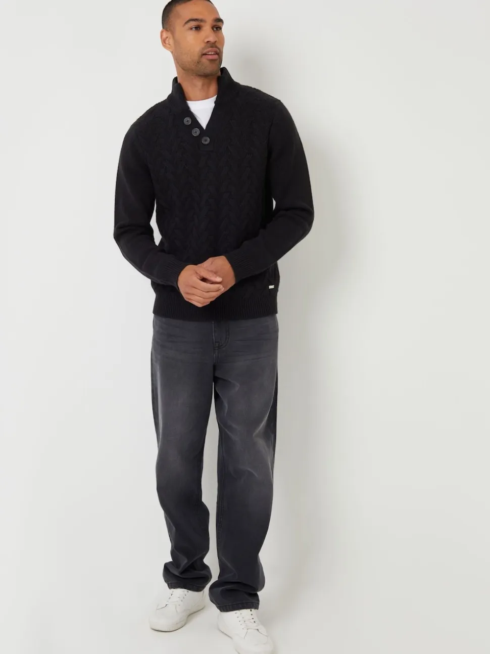 Threadbare Black Mock Neck Funnel Neck Cable Knit Jumper