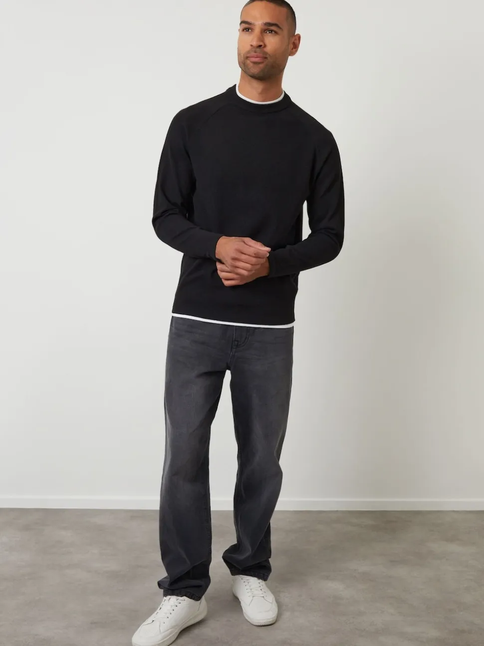 Threadbare Black Mock T-Shirt Textured Knit Crew Neck Jumper