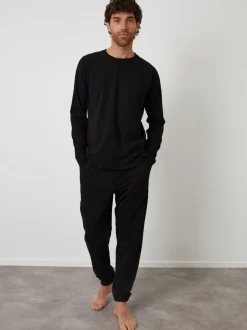 Threadbare Black Peached Cotton Long Lounge Set