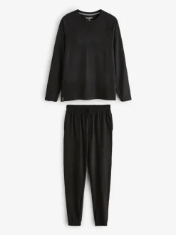 Threadbare Black Peached Cotton Long Lounge Set
