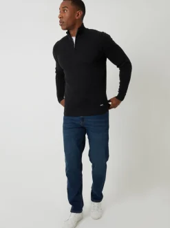 Threadbare Black Textured Cable Knit Quarter Zip Jumper