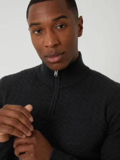 Threadbare Black Textured Cable Knit Quarter Zip Jumper