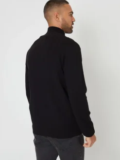Threadbare Black Zip-Through Funnel Neck Knitted Cardigan