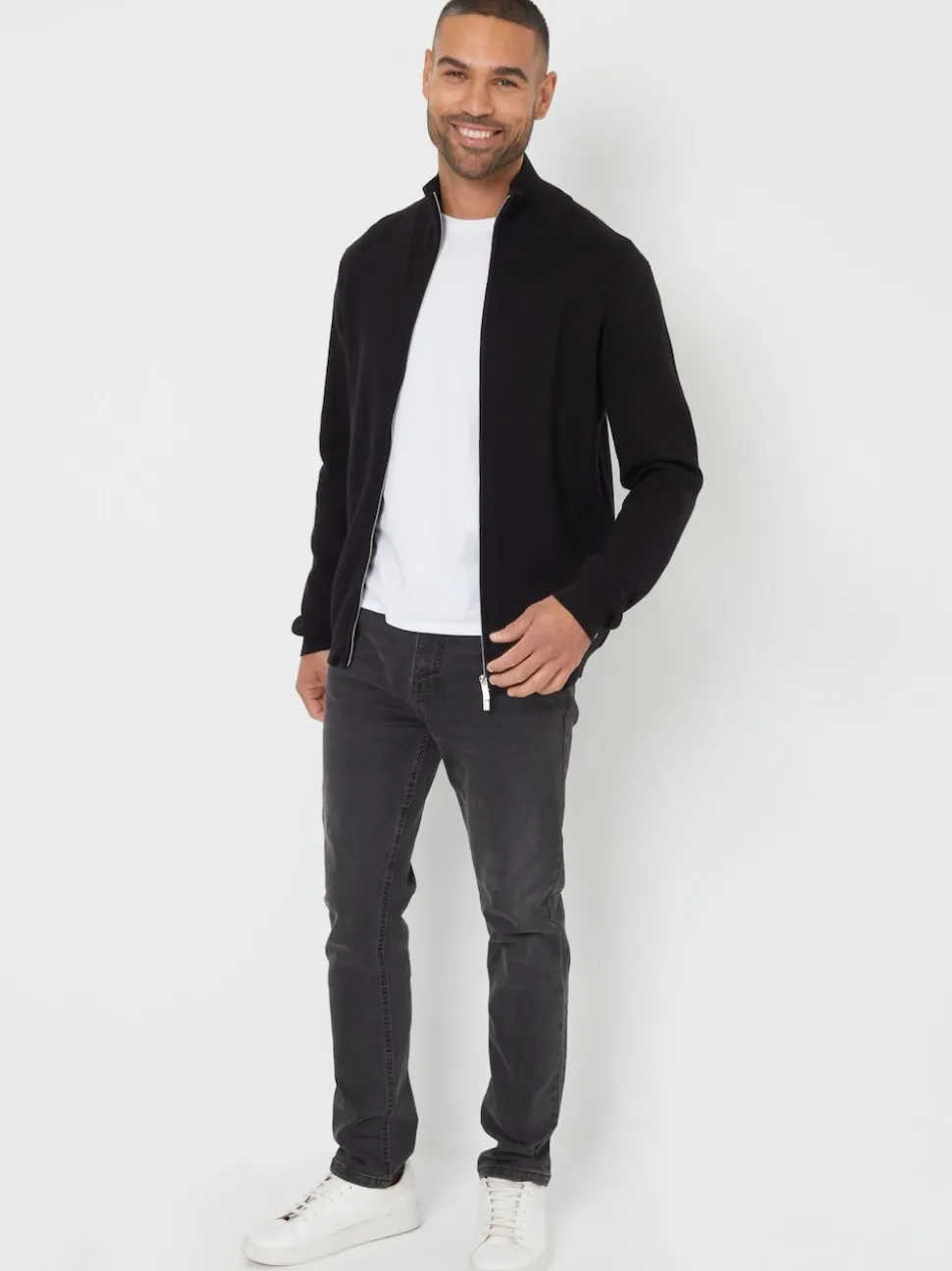 Threadbare Black Zip-Through Funnel Neck Knitted Cardigan
