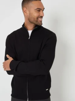 Threadbare Black Zip-Through Funnel Neck Knitted Cardigan