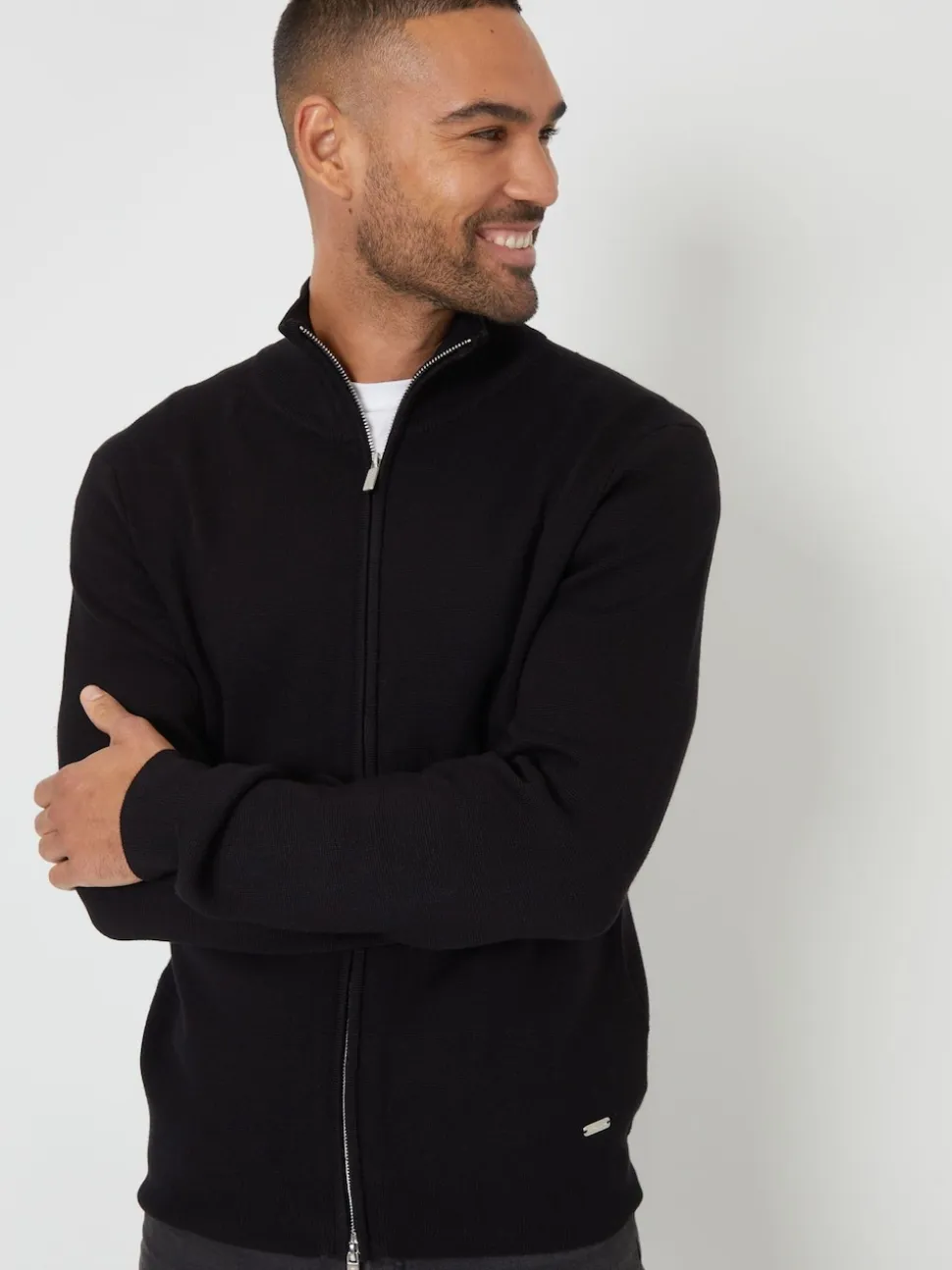 Threadbare Black Zip-Through Funnel Neck Knitted Cardigan