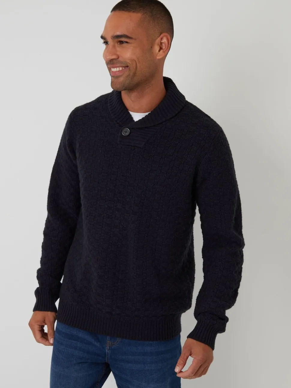 Threadbare Blue Basket Stitch Knitted Shawl Neck Jumper
