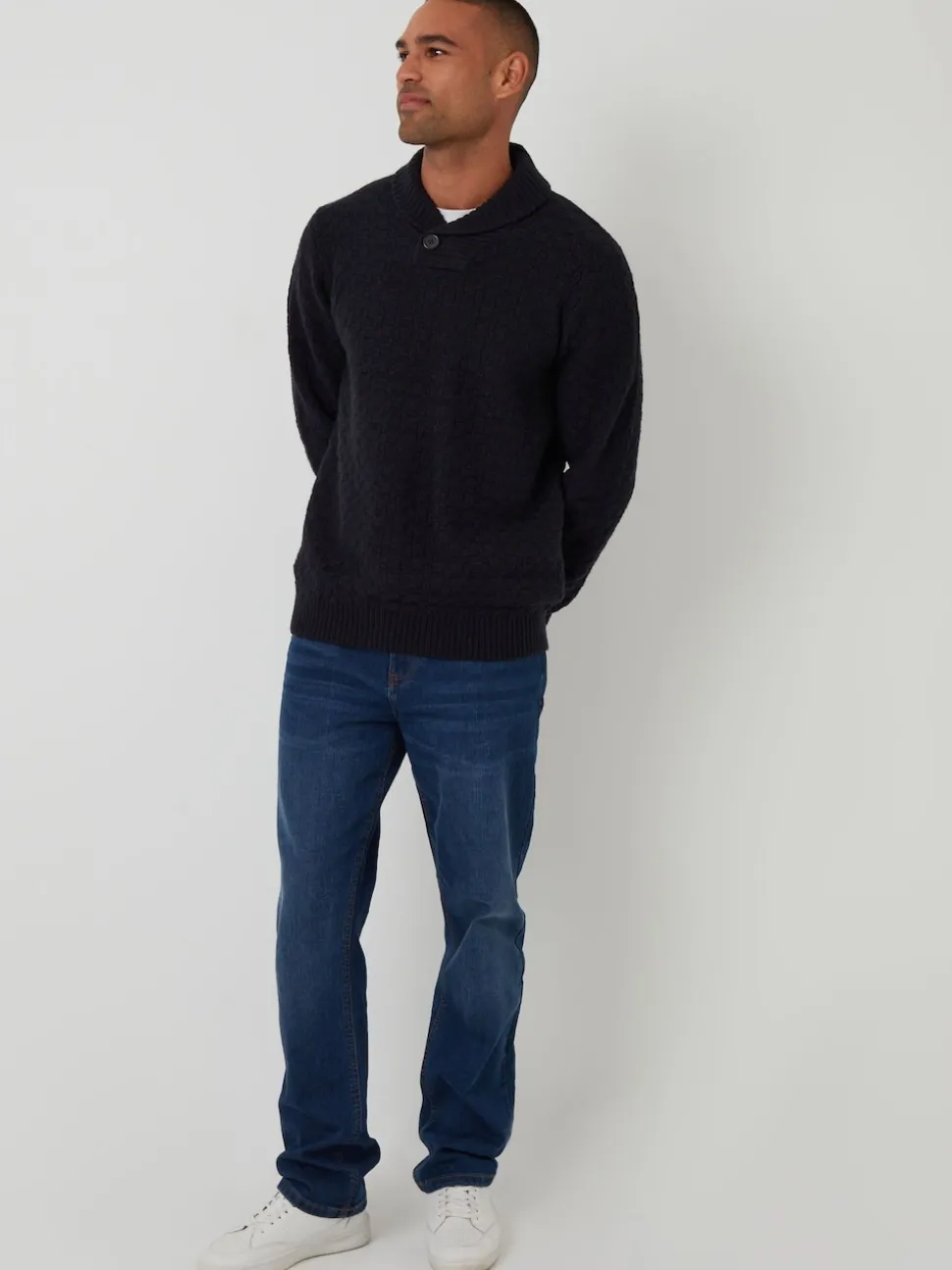 Threadbare Blue Basket Stitch Knitted Shawl Neck Jumper