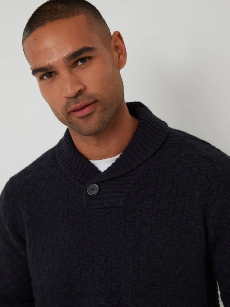Threadbare Blue Basket Stitch Knitted Shawl Neck Jumper