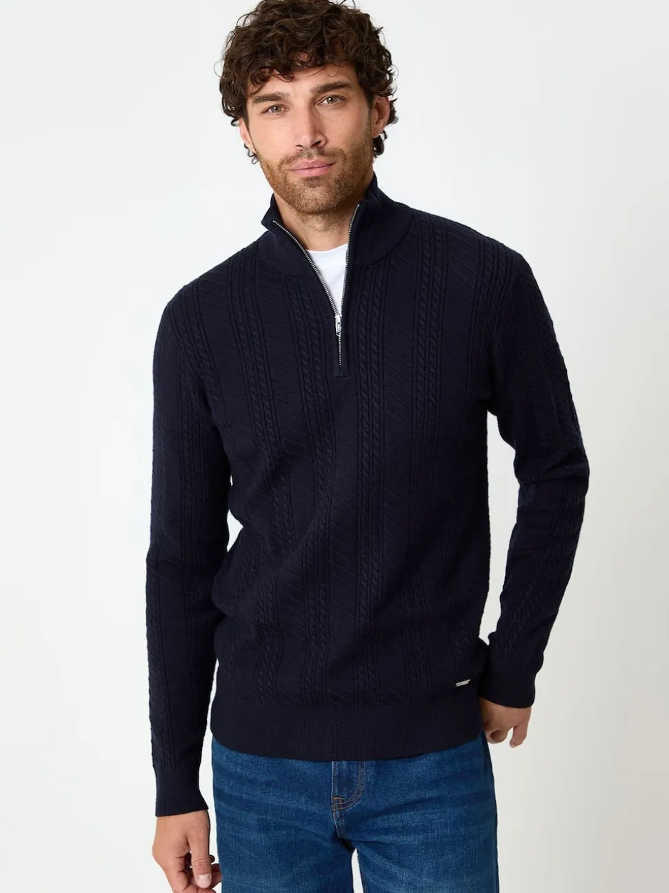 Threadbare Blue Cable Knit Quarter Zip Jumper