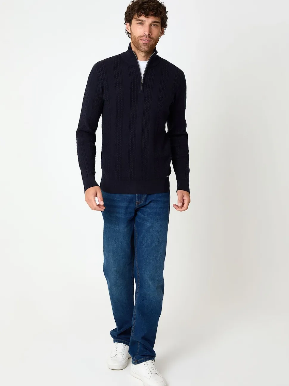 Threadbare Blue Cable Knit Quarter Zip Jumper