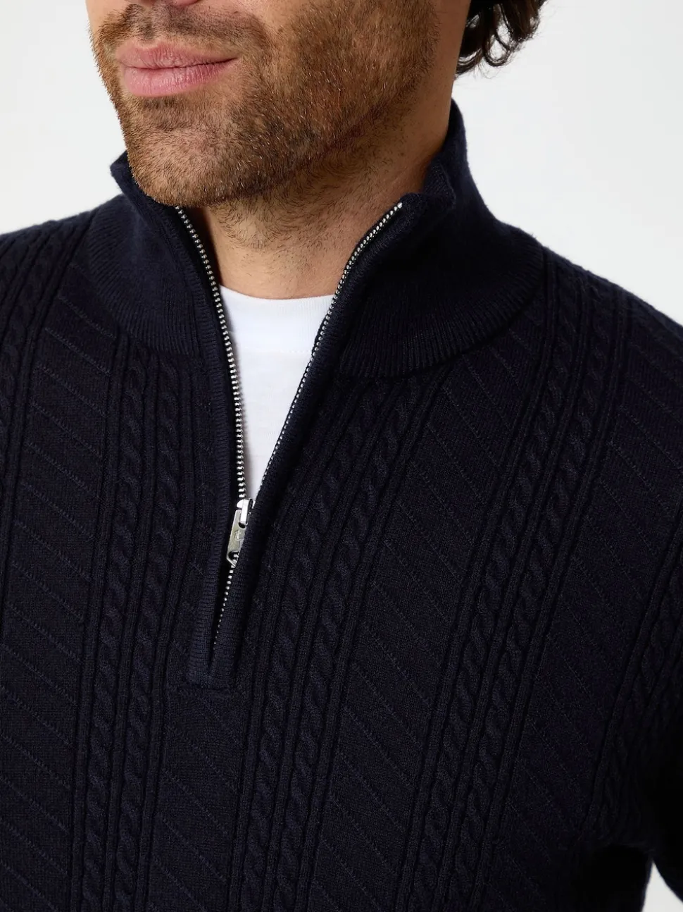 Threadbare Blue Cable Knit Quarter Zip Jumper