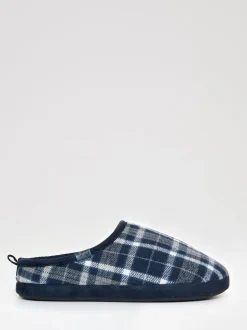 Threadbare Blue Check Faux Fur Lined Mule Slippers