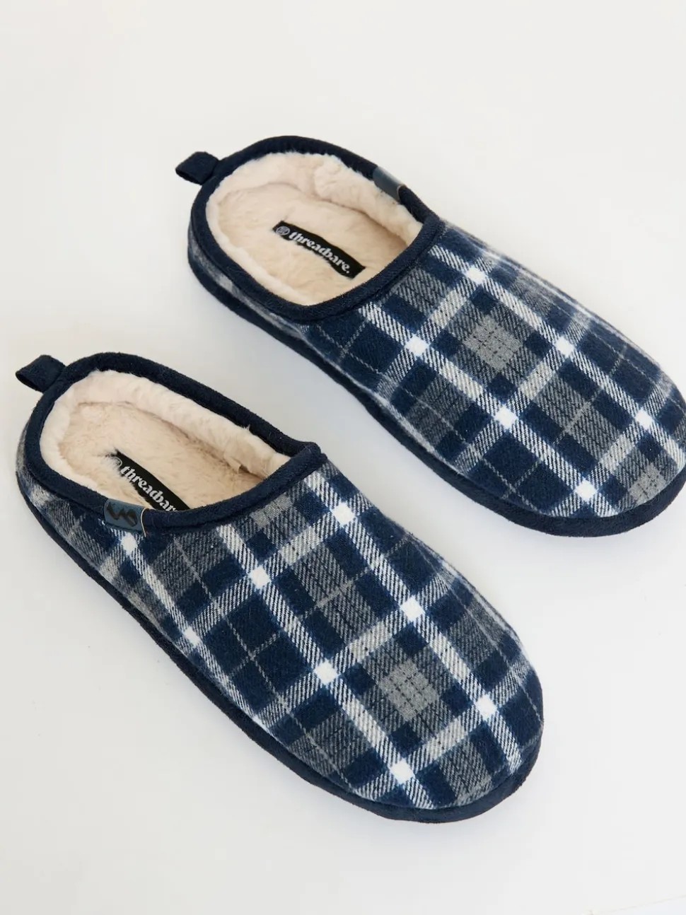 Threadbare Blue Check Faux Fur Lined Mule Slippers