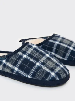 Threadbare Blue Check Faux Fur Lined Mule Slippers