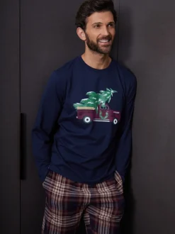Threadbare Blue Christmas Truck Graphic Long Pyjamas Set