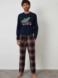 Threadbare Blue Christmas Truck Graphic Long Pyjamas Set