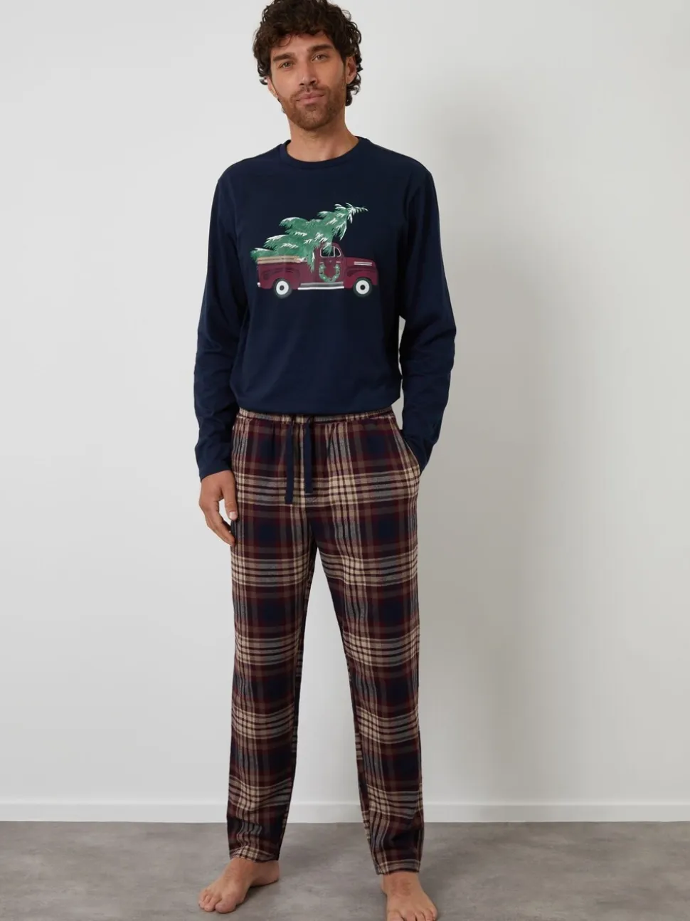 Threadbare Blue Christmas Truck Graphic Long Pyjamas Set