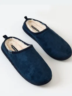 Threadbare Blue Faux Suede Faux Fur Lined Mule Slippers