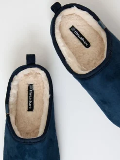Threadbare Blue Faux Suede Faux Fur Lined Mule Slippers