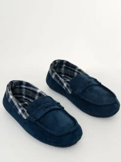 Threadbare Blue Faux Suede Fabric Trim Moccasin Slippers