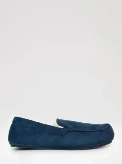 Threadbare Blue Faux Suede Faux Fur Lined Moccasin Slippers