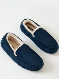 Threadbare Blue Faux Suede Faux Fur Lined Moccasin Slippers