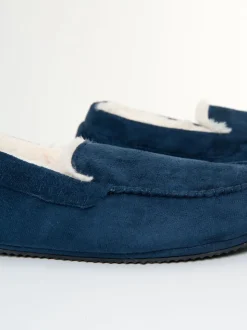 Threadbare Blue Faux Suede Faux Fur Lined Moccasin Slippers