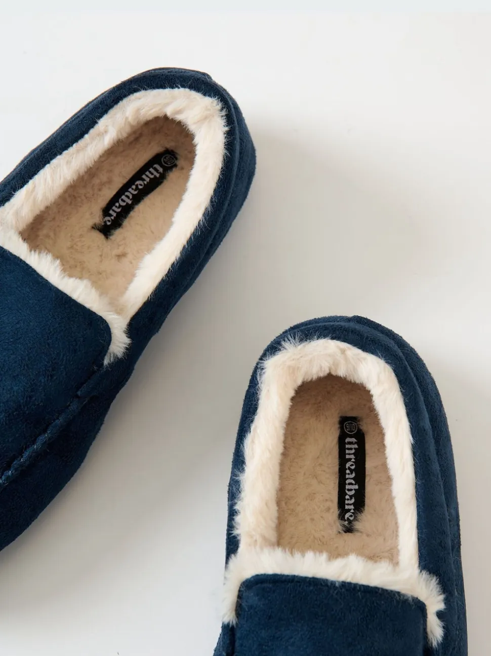 Threadbare Blue Faux Suede Faux Fur Lined Moccasin Slippers