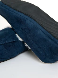 Threadbare Blue Faux Suede Faux Fur Lined Moccasin Slippers