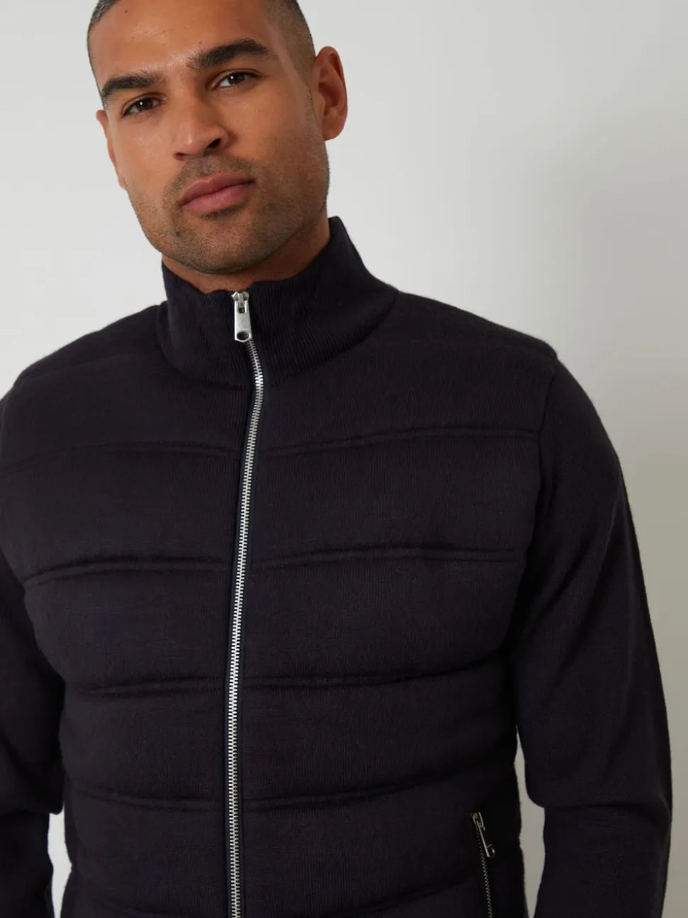 Threadbare Blue Quilted Zip-Up Knitted Jacket