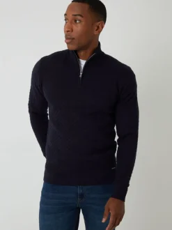 Threadbare Blue Textured Cable Knit Quarter Zip Jumper