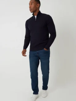 Threadbare Blue Textured Cable Knit Quarter Zip Jumper