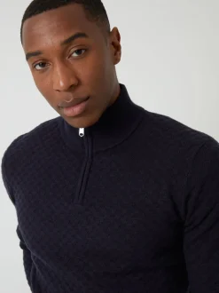 Threadbare Blue Textured Cable Knit Quarter Zip Jumper