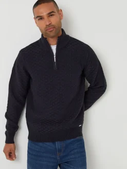 Threadbare Blue Textured Quarter Zip Jumper With Wool