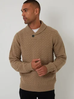 Threadbare Brown Basket Stitch Knitted Shawl Neck Jumper