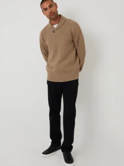 Threadbare Brown Basket Stitch Knitted Shawl Neck Jumper