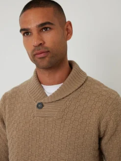 Threadbare Brown Basket Stitch Knitted Shawl Neck Jumper
