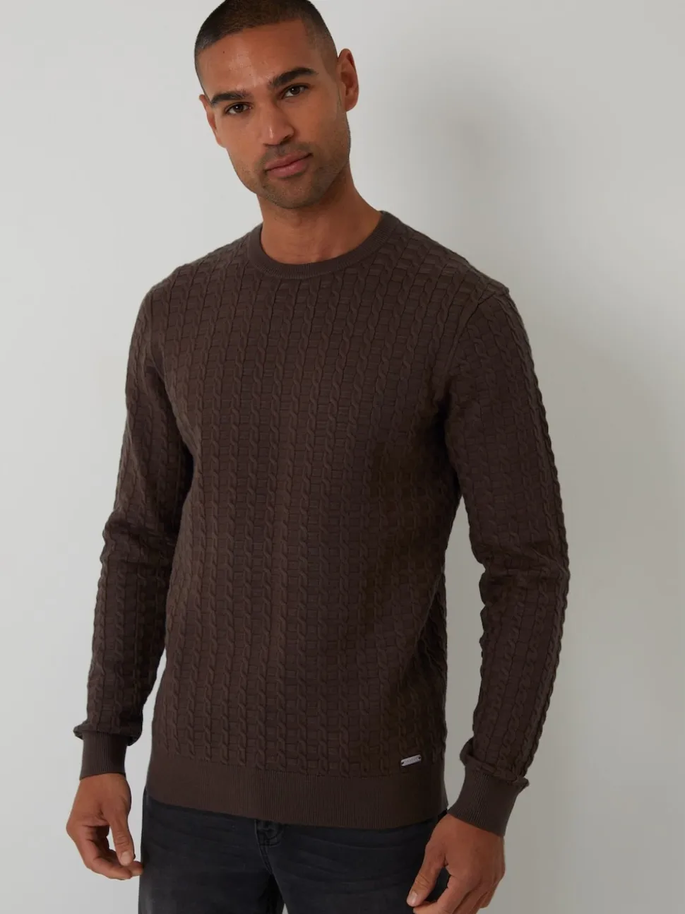 Threadbare Brown Cable Knit Crew Neck Jumper