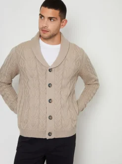 Threadbare Brown Cable Knit Shawl Collar Cardigan With Wool