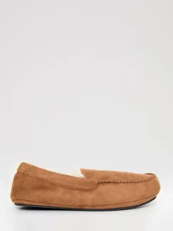 Threadbare Brown Faux Suede Faux Fur Lined Moccasin Slippers
